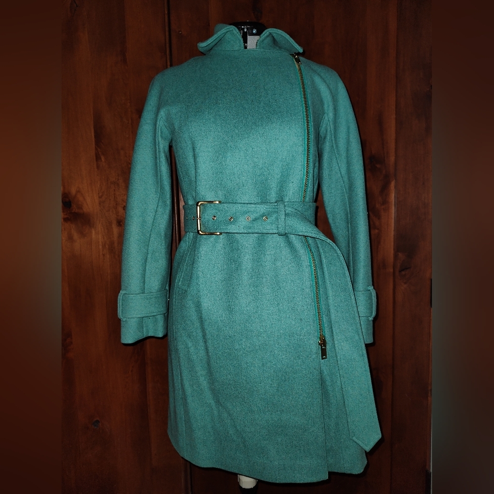 NWOT JCrew heather teal side double zip belted Melton wool trench 4p